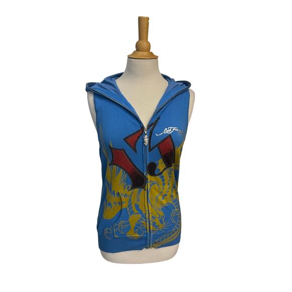 Vintage Ed Hardy Zip Up Blue Hoodie Sleeveless Sz S Y2K Life Before Honor Tattoo - Picture 2 of 4